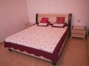 1 dormitorio con 1 cama con 2 almohadas en Villa Fleurie : Belle Maison ensoleillée en Pointe aux Piments
