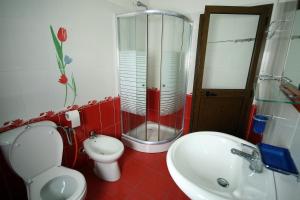 a bathroom with a toilet and a shower and a sink at King's Star Hotel in Velipojë