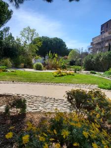 einen Gehweg durch einen Park mit gelben Blumen in der Unterkunft Le Grenier, Climatisation Terrasse Wi-Fi Netflix 15 mn coeur de ville in Béziers