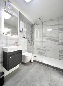 a bathroom with a toilet and a sink and a shower at Schickes Apartment in City Lage B7 in Karlsruhe