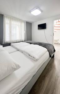 a bedroom with two white beds and a television at Schickes Apartment in City Lage B7 in Karlsruhe