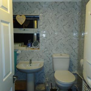 a bathroom with a toilet and a sink at Kims Retreat in Caernarfon