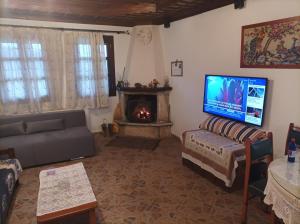 a living room with a couch and a fireplace at Stelios house in Theológos