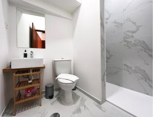 y baño con aseo, lavabo y ducha. en Oporto Trindade Residence, en Oporto