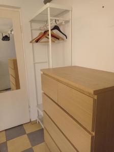 a closet with a wooden dresser in a room at Student standard apartment in Krakow