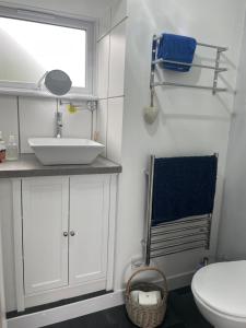 baño con lavabo y aseo y ventana en West Moor View Apartment en Launceston
