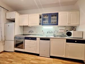 a white kitchen with white appliances and blue cabinets at Apartment Taya in Piran