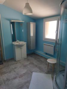 y baño azul con lavabo y ducha. en Les Fortelles, en Châtillon-sur-Broué