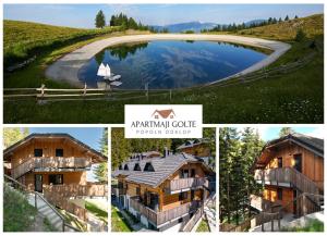 un collage de photos d'une cabine de montagne et d'un lac dans l'établissement Apartment MOUNTAIN PARADISE Golte, à Mozirje