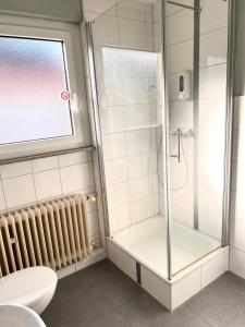 a bathroom with a shower and a toilet and a window at Burghotel Lörrach in Lörrach