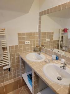 baño con 2 lavabos y espejo grande en La Bastide de l'Oliveraie -Jacuzzi privé en option, en Jouques