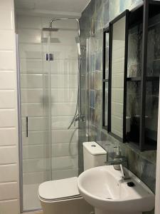 a bathroom with a toilet and a sink and a shower at Apartamentos La Hormiga Deluxe in Adra +22 photos