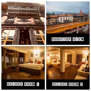 a collage of four pictures of a hotel room at Hotel Traditional in Bhaktapur