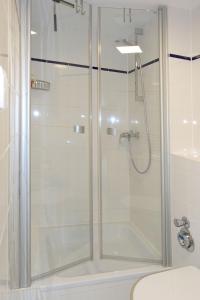 W łazience znajduje się prysznic ze szklanymi drzwiami. w obiekcie FIP Park Weitblick w mieście Gollwitz