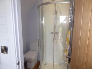 a bathroom with a toilet and a glass shower at Honeypot Hideaways Luxury Glamping - Exclusively for Adults in Chester
