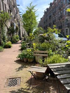 einen Garten mit Bänken und Pflanzen in einer Stadt in der Unterkunft Marijke's guestroom in Amsterdam