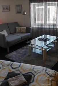 ein Wohnzimmer mit einem Sofa und einem Couchtisch in der Unterkunft Penzion Miromar in Podivín