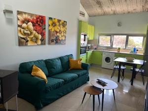 a living room with a green couch and a kitchen at Loft LUMINOSO San Juan in Telde