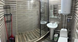 a bathroom with a shower with a sink and a toilet at Garsoniera la malul marii in Mangalia