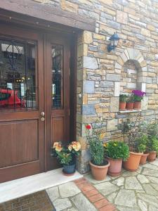 una puerta delantera de una casa con macetas de plantas en Evridiki en Zagora