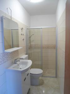 a bathroom with a shower and a toilet and a sink at Apartment A. Žižić in Slatine +19 photos