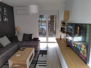 a living room with a couch and a flat screen tv at Lovely one bedroom apartment in Ub