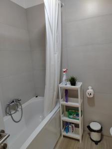 a bathroom with a white tub and a shower at Lovely one bedroom apartment in Ub