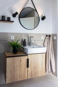 ein Bad mit einem Waschbecken und einem Wandspiegel in der Unterkunft Knipper RE24 in Sögel