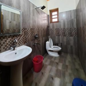 a bathroom with a sink and a toilet at Bora's Homestay in Haldwāni