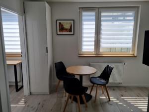 a table and chairs in a room with windows at Apartamenty Katowice Chopina 16 in Katowice