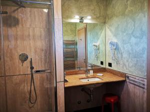 een badkamer met een wastafel en een douche met een spiegel bij ALBERGO BALDAZZI 1916 in Zavattarello