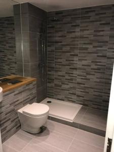 a bathroom with a toilet and a shower at Bond Street Luxury Apartment Central Chelmsford in Chelmsford