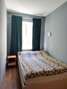 um quarto com uma cama com paredes azuis e uma janela em Trendy Old Town Area - Paupys Nature Treat Apartment em Vilnius