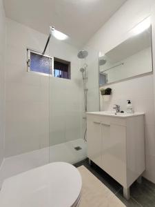 e bagno con doccia, servizi igienici e lavandino. di Studio Calypso 5 a Sitio de Calahonda