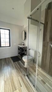 a bathroom with a shower and a toilet and a sink at LAS MESAS HOUSE Ocean Escape in San Miguel de Abona