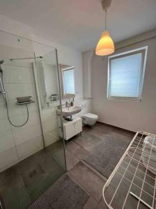 een badkamer met een douche, een toilet en een wastafel bij Moderne Wohnung mit 4 Betten in Bochum