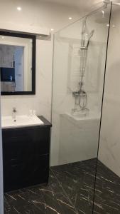 a bathroom with a shower and a sink and a mirror at Apartament Near Sky Tower Free Parking for 2 cars in Wrocław