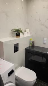 a bathroom with a toilet and a counter with a plant at Apartament Near Sky Tower Free Parking for 2 cars in Wrocław