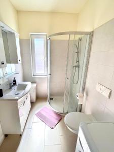 La salle de bains est pourvue d'une douche et d'un lavabo. dans l'établissement Apartment Luna Banjole, à Banjole