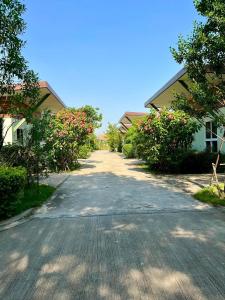 an empty road between two houses with pink flowers at Me and Tree Villa in Kaeng Khoi