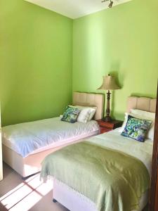 - 2 lits dans une chambre aux murs verts dans l'établissement 2 Bed Courtyard Apartment at Rockfield House Kells in Meath - Short Term Let, à Kells