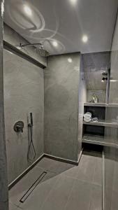 a bathroom with a shower with a glass door at Anthonas Apartments in Imerovigli