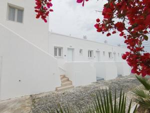 a house with white walls and red flowers at Villa Konstantinos in Perissa