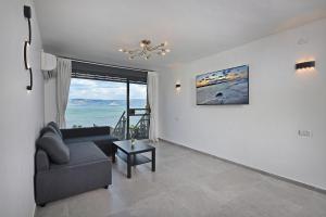 Levication 3 bedroom lakefront في طبرية: غرفة معيشة مع أريكة وإطلالة على المحيط