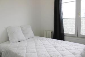 ein weißes Bett in einem Schlafzimmer mit einem Fenster in der Unterkunft Newly renovated cocoon with terrace near the Seine in Ivry-sur-Seine