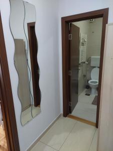 een badkamer met een toilet en een glazen deur bij Smiley 2 - Subotica Centar in Subotica