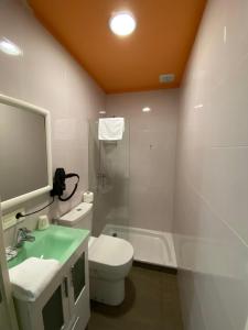 a bathroom with a toilet and a sink and a mirror at El Rinconcito de dpCristal in Sarria