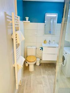 a small bathroom with a toilet and a sink at Maison vue sur mer in Bretteville