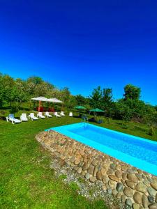 einen Pool mit Stühlen und Sonnenschirmen im Hof in der Unterkunft Cottage Villa Ioseliani in Kumistavi