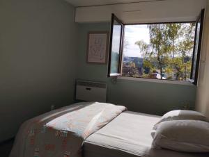 een kleine slaapkamer met een bed en een raam bij Appartement les Rousses Bien situé in Les Rousses
